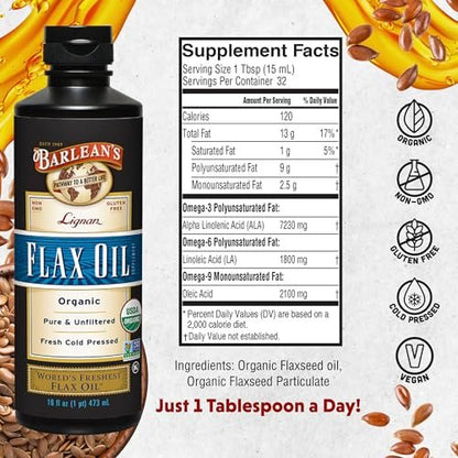 Barlean's Organic Lignan Omega 3 Flaxseed Oil Liquid Supplement for Men and Women, Cold Press Flax Seeds, 7230mg ALA Fatty Acid, Vegan and Gluten Free, 16 oz