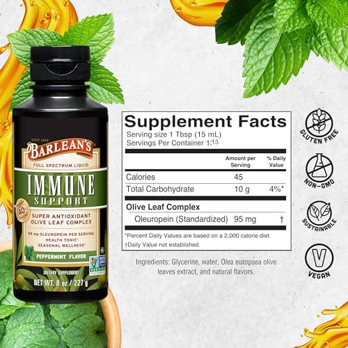 Barlean's Peppermint Olive Leaf Complex Liquid Immune Support Supplement, 95mg Oleuropein Antioxidants, 8 oz - görsel 4