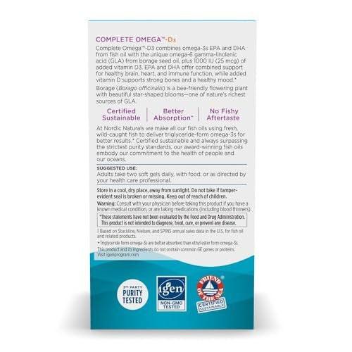 Nordic Naturals Complete Omega-D3, Lemon Flavor - 60 Soft Gels - 565 mg Omega-3 + 70 mg GLA + 1000 IU Vitamin D3 - EPA & DHA - Healthy Skin, Cognition, & Positive Mood - Non-GMO - 30 Servings - görsel 4