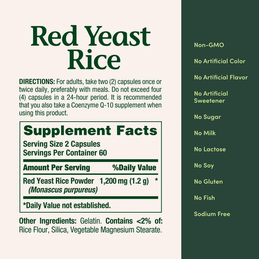 Nature's Bounty Red Yeast Rice Pills and Herbal Health Supplement, Dietary Additive, 600mg, 120 Capsules