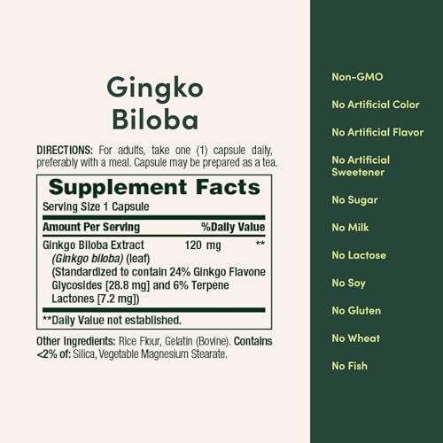 Nature's Bounty Ginkgo Biloba Capsules 120mg, Memory Support Supplement, Supports Brain Function and Mental Alertness, 100 Capsules
