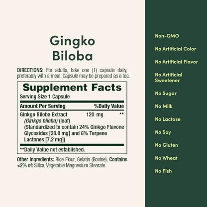 Nature's Bounty Ginkgo Biloba Capsules 120mg, Memory Support Supplement, Supports Brain Function and Mental Alertness, 100 Capsules