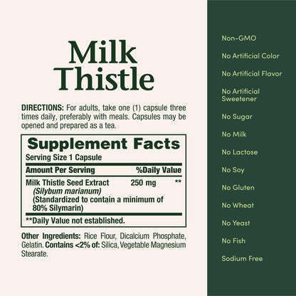Nature's Bounty Milk Thistle Capsules, Traditionally Used for Liver Health, Herbal Supplement, 250 mg per Serving, 200 Count