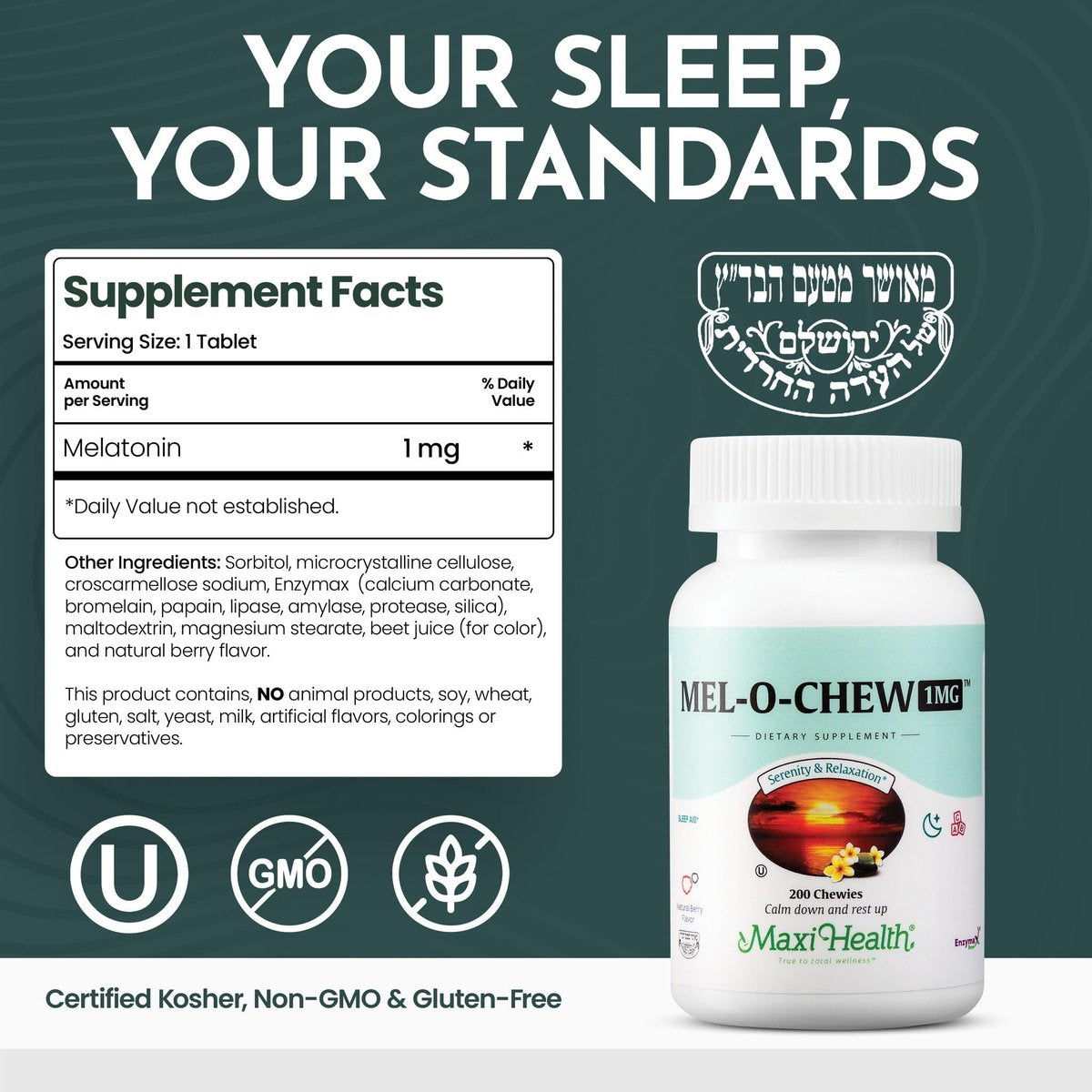 Maxi Health Melatonin 1mg Chewable - Sleep Aid Melatonin to Encourage Natural Sleep – Non-Habit Forming Supplement with Enzymax for Fast-Acting Support Kosher (200 Units) - görsel 2