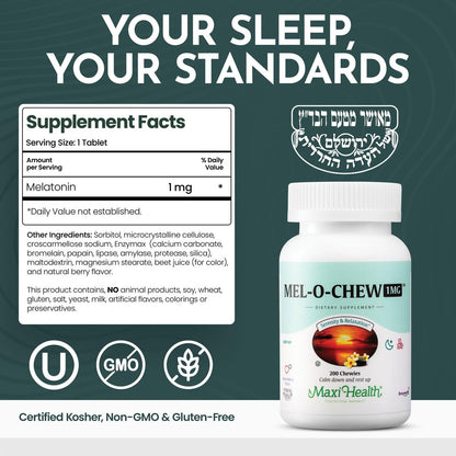 Maxi Health Melatonin 1mg Chewable - Sleep Aid Melatonin to Encourage Natural Sleep – Non-Habit Forming Supplement with Enzymax for Fast-Acting Support Kosher (200 Units)