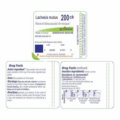Boiron Lachesis Mutus 200Ck Homeopathic Medicine for Hot Flash - 80 Pellets