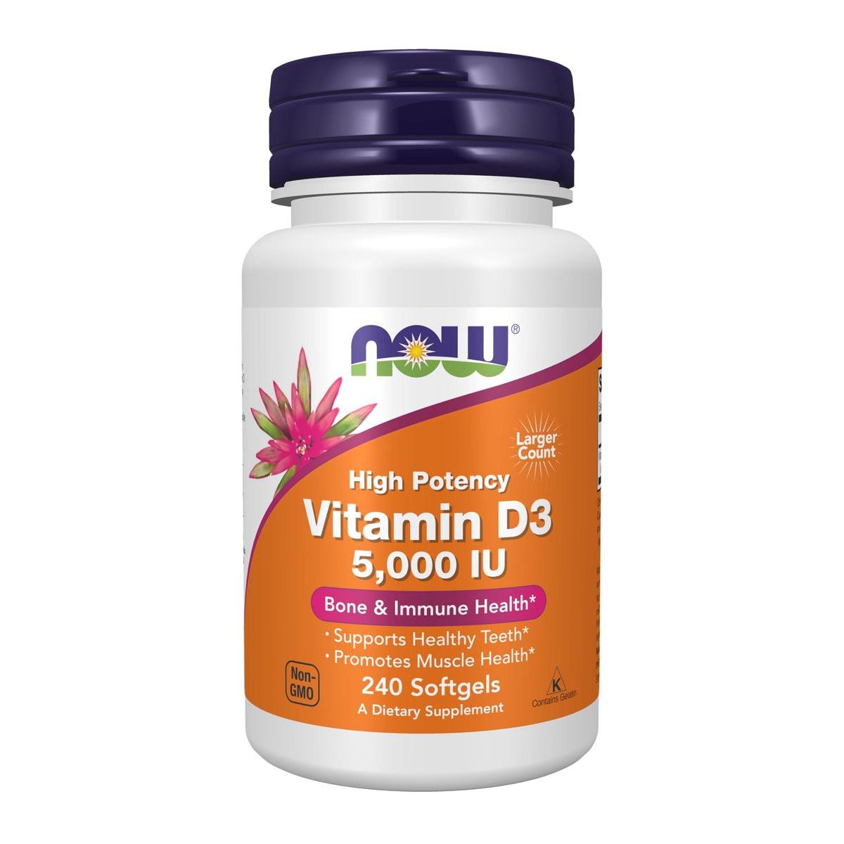 NOW Foods Supplements, Vitamin D-3 5,000 IU, High Potency, Structural Support*, 240 Softgels - görsel 1