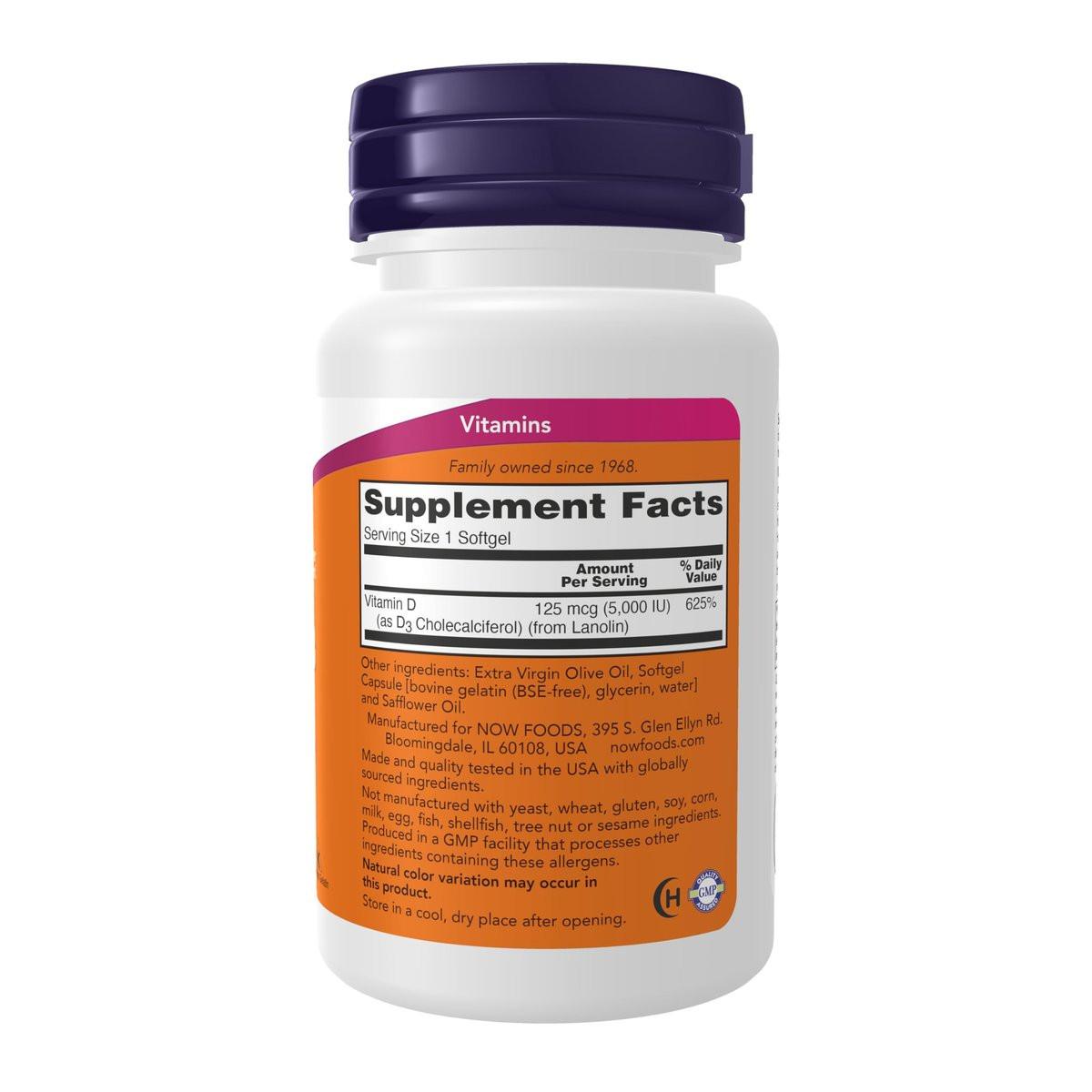 NOW Foods Supplements, Vitamin D-3 5,000 IU, High Potency, Structural Support*, 240 Softgels - görsel 3