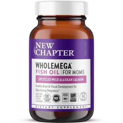 New Chapter Wholemega for Moms Fish Oil Supplement, Tiny Capsules, 2000mg per Serving, Prenatal DHA with Omega-3 + Vitamin D3 for Prenatal & Postnatal Support, 500mg Each - 90 Count