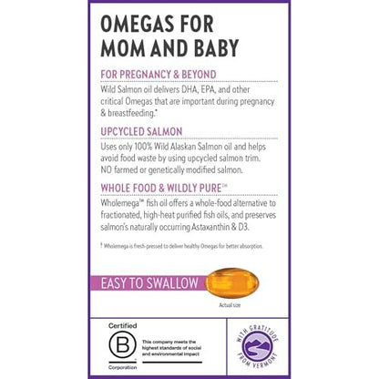 New Chapter Wholemega for Moms Fish Oil Supplement, Tiny Capsules, 2000mg per Serving, Prenatal DHA with Omega-3 + Vitamin D3 for Prenatal & Postnatal Support, 500mg Each - 180 Count
