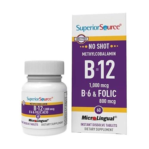 Superior Source No Shot Vitamin B-12 Methylcobalamin 1000 mcg, B-6 & Folic Acid 800 mcg - Supports Brain & Heart Health - Aids Natural Energy Levels - 60 Sublingual Dissolving Tablets - görsel 2