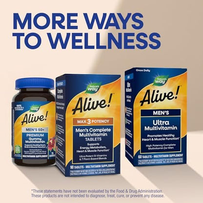 Nature's Way Alive! Men’s Max3 Potency Daily Multivitamin, High Potency Multivitamin for Men with B-Vitamins for Cellular Energy*, Supports Heart, Muscle and Eye Health*, 90 Tablets