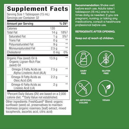 Nature's Way Organic Flax Oil Super Lignan, Cold-Pressed Flaxseed Oil with Omega-3 ALA, Unrefined Organic Liquid Flax Oil Supplement, Unflavored, 16 Fl Oz