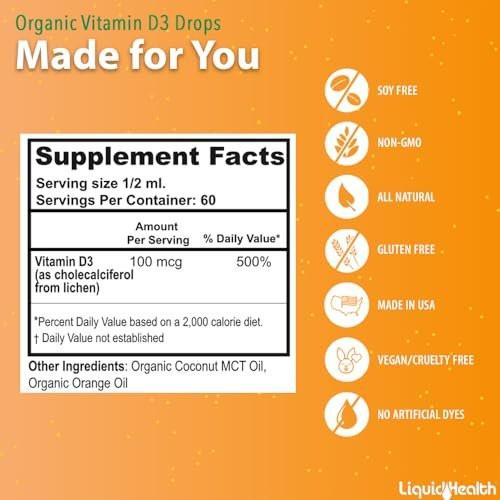 LIQUIDHEALTH Vitamin D3 4000 IU, USDA Organic Vitamin D Liquid Drops for Adults & Kids, Vegan Vitamin D for Immune System Support, Bone Health, Mood Support, Healthy Skin - Made in USA (1 oz) - görsel 1