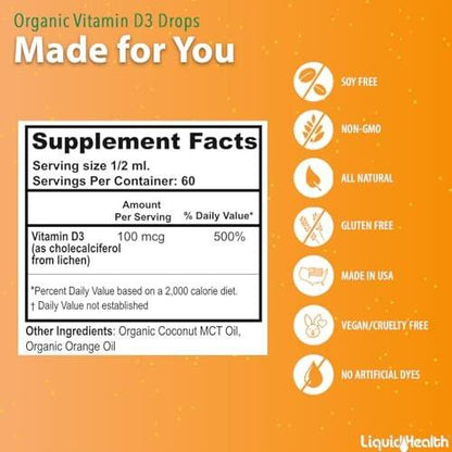 LIQUIDHEALTH Vitamin D3 4000 IU, USDA Organic Vitamin D Liquid Drops for Adults & Kids, Vegan Vitamin D for Immune System Support, Bone Health, Mood Support, Healthy Skin - Made in USA (1 oz)