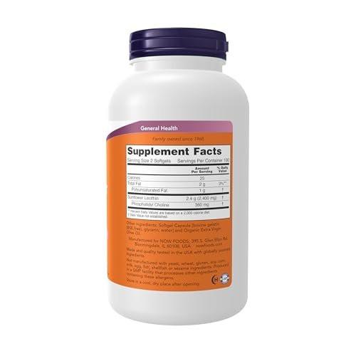 Now Supplements, Sunflower Lecithin 1200 mg with Phosphatidyl Choline, 200 Softgels - görsel 1