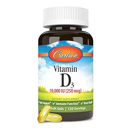 Carlson - Vitamin D3, 10000 IU (250 mcg), Vitamin D Supplements, Bone & Immune Support, Vitamin D3 Softgels, Heart Health, Gluten Free Vitamin D Capsules, 120 Softgels