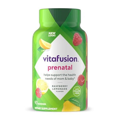 Vitafusion PreNatal Gummy Vitamins, Raspberry Lemonade Flavor, Prenatal Vitamin Supplement for Women with Folate and DHA, 45 Day Supply, 90 Count