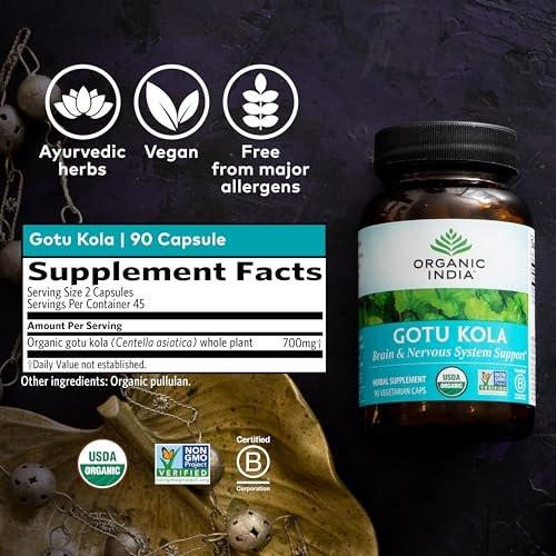ORGANIC INDIA Gotu Kola Herbal Supplement - Adaptogen for Brain & Nervous System Support, Vegan, Gluten-Free, Kosher, USDA Certified Organic, Non-GMO, Calming, Mental Clarity - 90 Capsules - görsel 11