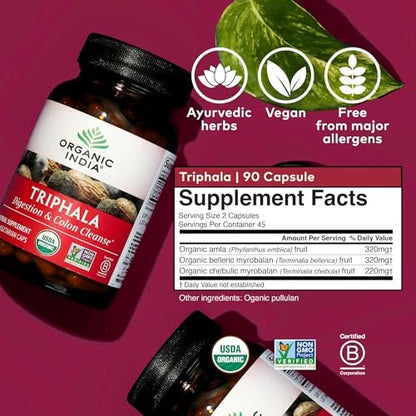 ORGANIC INDIA Triphala Herbal Supplement - Digestion & Colon Support, Immune System Support, Adaptogen, Nutrient Dense, Vegan, Gluten-Free, USDA Certified Organic, Non-GMO - 90 Capsules