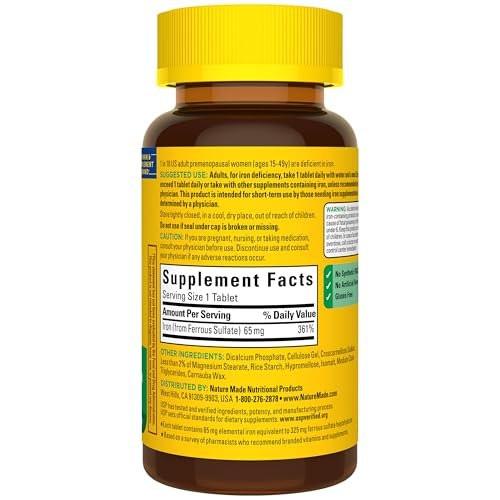 Nature Made Iron 65 mg (325 mg Ferrous Sulfate) Tablets, Iron Supplements, Dietary Supplement for Red Blood Cell Support, 180 Tablets, 180 Day Supply - görsel 3