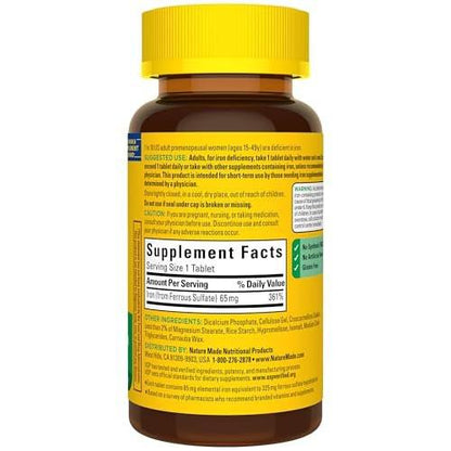 Nature Made Iron 65 mg (325 mg Ferrous Sulfate) Tablets, Iron Supplements, Dietary Supplement for Red Blood Cell Support, 180 Tablets, 180 Day Supply