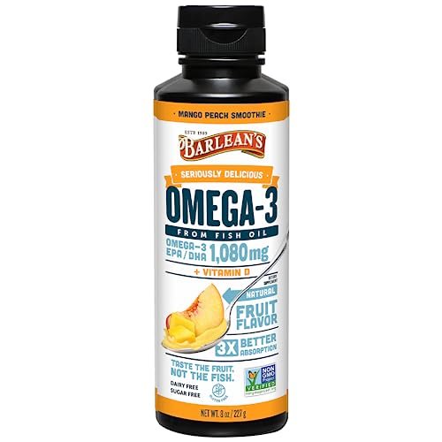 Barlean's Omega 3 Fish Oil Liquid Supplement with Vitamin D for Men and Women, 1080mg of EPA and DHA Fatty Acid, Promotes Brain & Heart Health - Non-GMO, Mango Peach, 8 oz - görsel 3