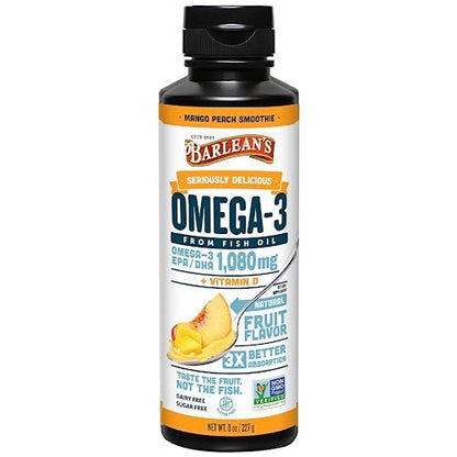 Barlean's Omega 3 Fish Oil Liquid Supplement with Vitamin D for Men and Women, 1080mg of EPA and DHA Fatty Acid, Promotes Brain & Heart Health - Non-GMO, Mango Peach, 8 oz