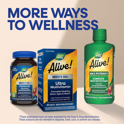 Nature's Way Alive! Ultra Potency Multivitamin for Men 50 Plus, Complete High Potency Formula with Vitamin D3, C, E, Methyl B12, Supports Cellular Energy, Heart, Brain, and Eye Health,* 60 Tablets