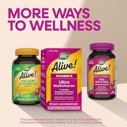 Nature's Way Alive! Ultra Multivitamin for Women, Complete Daily Women's Vitamins, High Potency Formula, Promotes Energy Metabolism and Muscle Function*, Vitamin A, C, D, Methylated B12, 60 Tablets