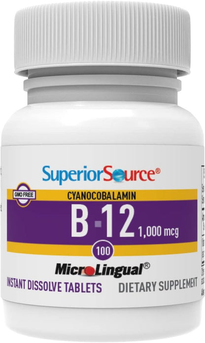 Superior Source No Shot Vitamin B-12 Cyanocobalamin 1000 mcg - Vitamin B-12 to Support Energy Production, Brain Health & Overall Wellness - Sublingual Tablets - 100 Dissolvable Tablets