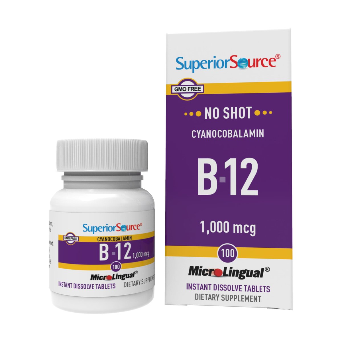 Superior Source No Shot Vitamin B-12 Cyanocobalamin 1000 mcg - Vitamin B-12 to Support Energy Production, Brain Health & Overall Wellness - Sublingual Tablets - 100 Dissolvable Tablets - görsel 1