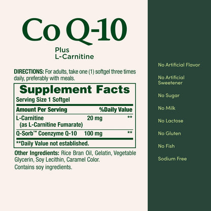 Nature's Bounty CoQ10, Dietary Supplement, Supports Heart Health, 100mg Plus L-Carnitine, Twin Pack, 120 Softgels