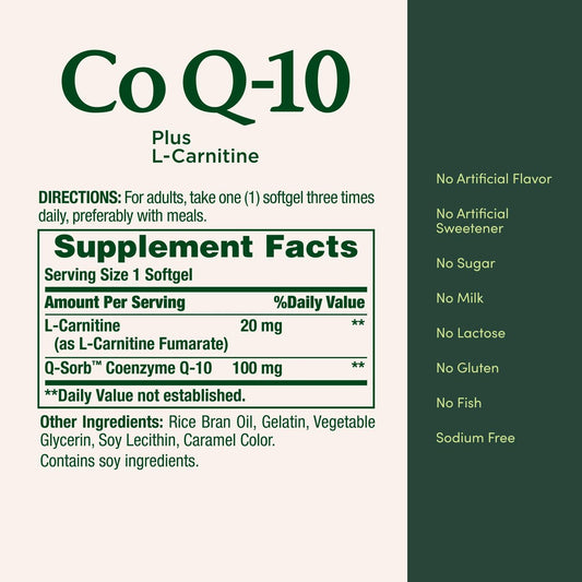 Nature's Bounty CoQ10, Dietary Supplement, Supports Heart Health, 100mg Plus L-Carnitine, Twin Pack, 120 Softgels