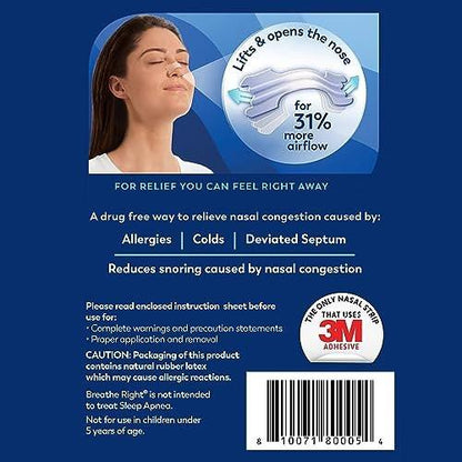 Breathe Right Nasal Strips, Clear Large Nose Strips for Snoring, Nasal Congestion, Deviated Septum, Allergies, 30 Count