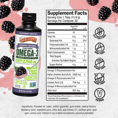 Barlean's Vegan Omega 3 6 9 Flaxseed Oil – Amount per Serving: 2,968 mg ALA (omega-3), plus omega-6 and omega-9 – Image 3