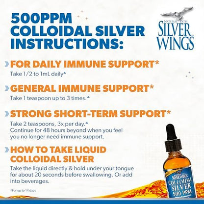 Natural Path Silver Wings Colloidal Silver - Extra Strength Liquid Immune Support Supplement - 500ppm (2500mcg) - 2oz Dropper