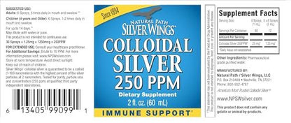 Natural Path Silver Wings Colloidal Silver Liquid - Enhanced Immune Support Supplement - 250ppm (1250mcg) - 2oz Spray