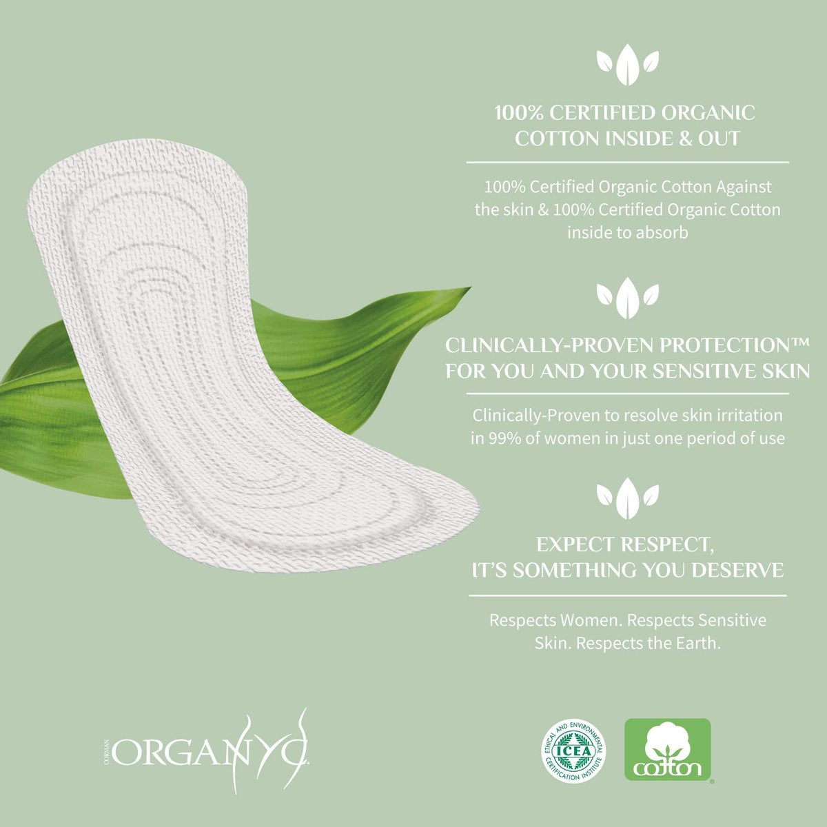 Organyc 100% Certified Organic Cotton Inside and Out Flat Panty Liner - Everyday Sanitary Pad, Free from Wood Pulp, Perfumes, SAP and Chemicals - Maxi Flow, 20 Count - görsel 3