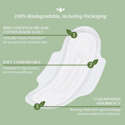 Organyc - 100% Certified Organic Cotton Inside and Out Feminine Pads, Sanitary Napkin 40 Count, Moderate Flow, Regular Absorbency, New Larger Size Packaging