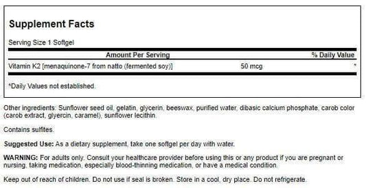 Swanson Natural Vitamin K2 (Menaquinone-7 from Natto) 50 mcg 30 Sgels (1 Pack)
