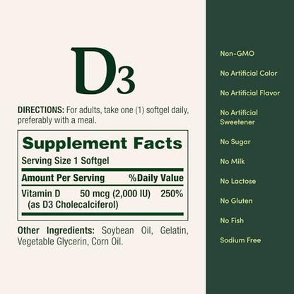 Nature's Bounty Vitamin D3, Supports Immune System and Bone Health, 50mcg, 150 Softgels (Pack of 2)