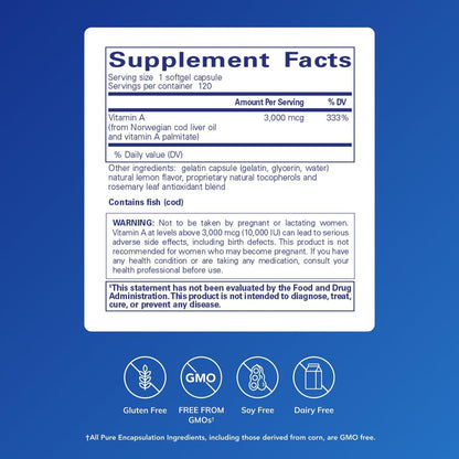 Pure Encapsulations Vitamin A - 3,000 mcg - from Cod Liver Oil - Immune & Vision Support* - Vitamin A Palmitate Supplement - Non-GMO - 120 Softgel Capsules