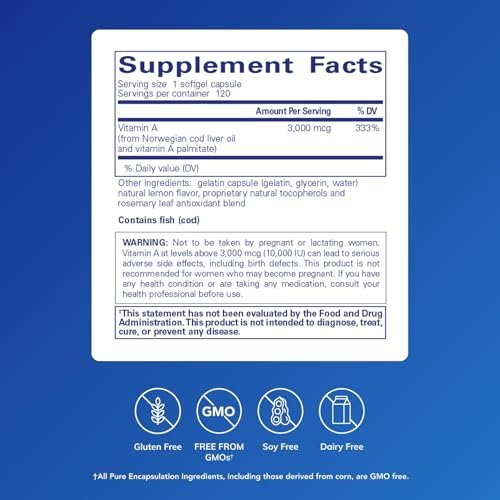 Pure Encapsulations Vitamin A - 3,000 mcg - from Cod Liver Oil - Immune & Vision Support* - Vitamin A Palmitate Supplement - Non-GMO - 120 Softgel Capsules - görsel 4
