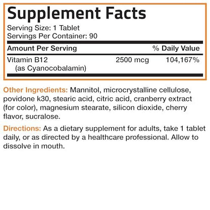Vitamin B12 2500mcg Shot of Energy Fast Dissolve Chewable Tablets - Quick Release Cherry Flavored Sublingual B12 Vitamin - Supports Nervous System, Healthy Brain Function Energy Production – 90 Count
