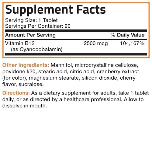 Vitamin B12 2500mcg Shot of Energy Fast Dissolve Chewable Tablets - Quick Release Cherry Flavored Sublingual B12 Vitamin - Supports Nervous System, Healthy Brain Function Energy Production – 90 Count - görsel 10