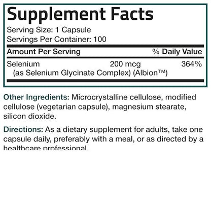 Bronson Selenium 200 mcg – Yeast Free Chelated Amino Acid Complex - Essential Trace Mineral with Superior Absorption, 100 Vegetarian Capsules