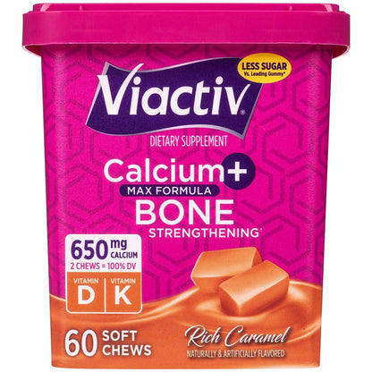 Viactiv Calcium + Vitamin D Supplement Soft Chews for Women & Men - Chewable Calcium for Bone Health Support, 650 mg per Serving, Vitamin D & K for High Absorption - 60 Count, Caramel