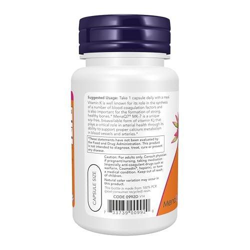 NOW Foods Supplements, MK-7 Vitamin K-2 100 mcg, Cardiovascular Support*, Supports Bone Health*, 60 Veg Capsules - görsel 5