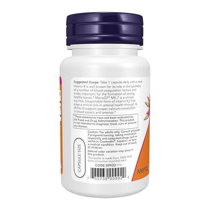 NOW Foods Supplements, MK-7 Vitamin K-2 100 mcg, Cardiovascular Support*, Supports Bone Health*, 60 Veg Capsules